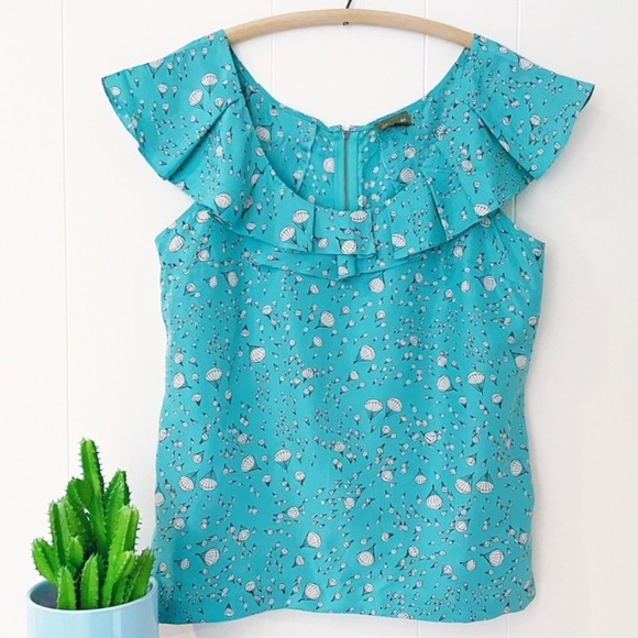 ❌SOLD❌ DO NOT BUY🚫Anthro 100% Silk Aqua Hot Air Balloon Whimsical Print Blouse - Picture 1 of 14